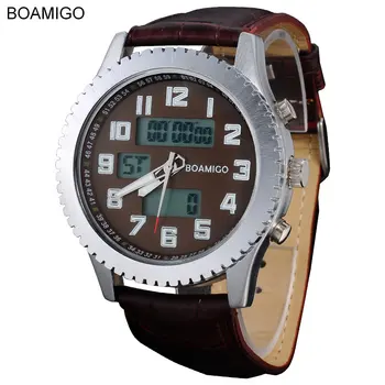 часовници мъжки луксозна марка BOAMIGO спортни военни часовник с Двойно Време Кварцов механизъм Аналогов Цифрови led ръчни часовници с кожена каишка на F516