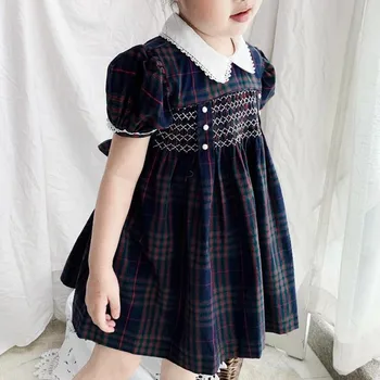 Детско лятно винтажное рокля в испански клетка, детско ежедневна рокля с пищни ръкави за парти в чест на рождения ден, рокля на принцеса