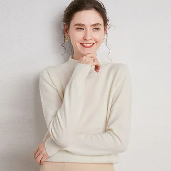 2020 Монофонични вязаный пуловер, женска тениска, пролетно-есенна тениска с високо воротом и дълъг ръкав в сив цвят