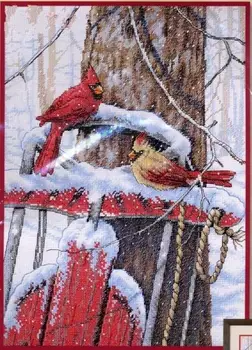 ММ висок Клас Прекрасен Комплект за Бродерия на кръстат бод Кардинали Управляващите Кардинал Червена Птица Сняг Зимата дим 08837