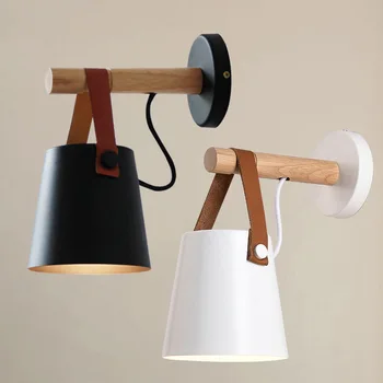 Дървена прост креативен стенен лампа минималистичен регулируем кожен монтиран на стената лампа на скандинавския дизайн на всекидневна, коридор, E27 стенни осветителни тела