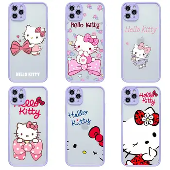Калъф За телефон Hello Kitty За iPhone 13 12 11 Pro Max Mini XS 8 7 Plus X SE 2020 XR светло лилаво Матиран Прозрачен Калъф