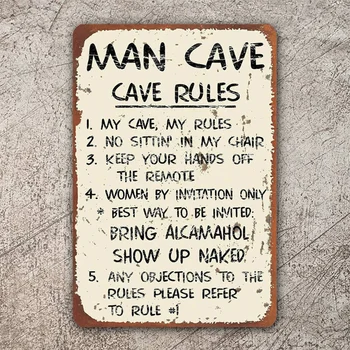 Правила Мъжки Пещера, Ретро Метален Знак Реколта / Тенекиен Знак Мъжки Пещери