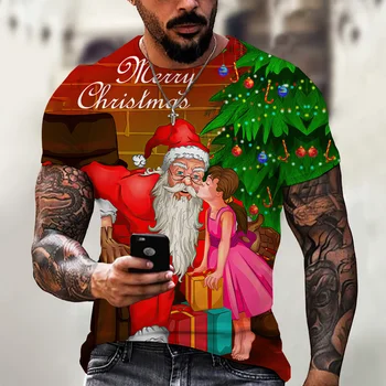 Мъжки t-shirt, Нова тениска с 3D принтом на Дядо Коледа, мъже Коледна мъжка тениска с къс ръкав, мъжки Забавна Коледна тениска