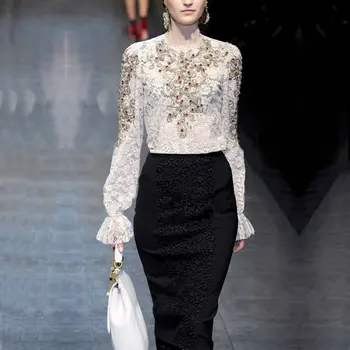 Юбочные Костюми, Дамски работни облекла, тънък модерен бяла блуза с дълги ръкави в стил ретро и черна лейси пола, Комплект от 2 теми