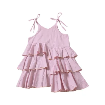 розови рокли за малки момичета, Плисе летни рокли без ръкави, с дължина до коляното, Ежедневни Скъпа детски дрехи с волани, превръзки, Рокля на Принцеса