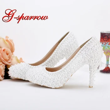 Бели дантелени удобни обувки сватба с цветен Модел на ток, 3 инча, с Кръгло Бомбе, прости обувки за Шаферките, обувки на Платформа с кожна стелькой