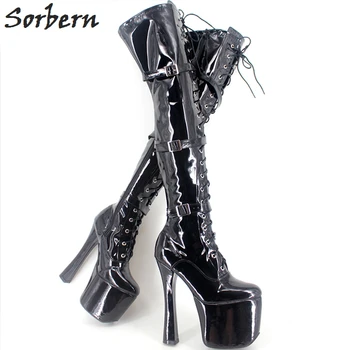 Sorbern/ 2018 г.; Дамски обувки; Пикантни черни обувки над коляното на висок ток 20 см + 9 cm платформа; обувки за танци на един стълб; обувки До бедрата За Уо