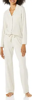 Жена пролетта пижамный комплект, Потник с отворотами и бутони с дълги ръкави и джобове + Свободни панталони с еластичен ластик на талията, Нощен облекло от 2 теми