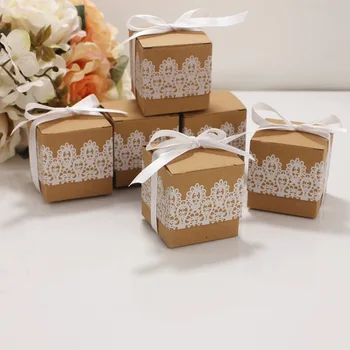 100 бр./лот, Креативна Подарък кутия, бяла Лейси Крафт-кутия За Подарък с Панделка, украса за сватби и партита, кутия шоколадови бонбони, хартиена кутия