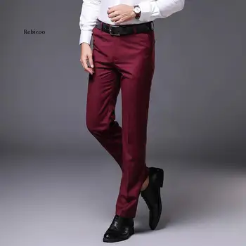 Мъжки Приталенные Директни Модел Панталони С Плоска Предна Част на Ежедневните Панталони Мъжки Бизнес Официално Вино-червено