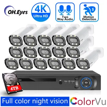 2*8T 16CH Система за Видеонаблюдение 8MP POE NVR 4K Ultra HD Двупосочна Аудио Цветно Нощно виждане H. 265 Vidio Комплект за Видеонаблюдение IP камера за Сигурност
