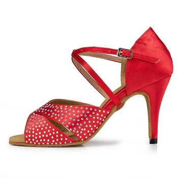 Гореща Продажба На Червен Сатен Crystal Мода Момиче Новата Латинска Салса Танго Бални Танци, Обувки За Жени В Наличност