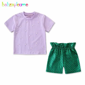 Комплект от 2 теми/от 2 до 7 години/Лятна детски дрехи, Модни памучен детска тениска с къс ръкав + шорти от изкуствена кожа, дрехи за малките момичета, облекло BC1038