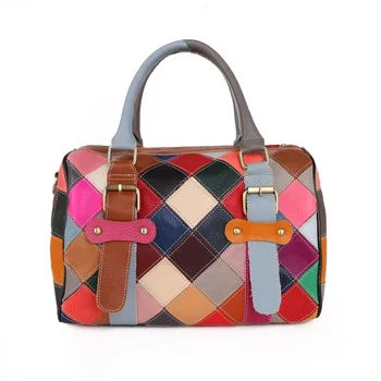 Дамски ежедневни Многоцветен чанта в Клетка от естествена кожа, Модни Цветни Случайна Сращенная чанта-Месинджър на Рамото