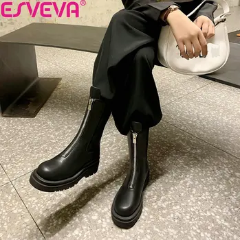ESVEVA/ 2022 г., модни ботильоны от естествена кожа в дебела подметка и цип, женски есенно-зимни чисто нови обувки, размер 34-39