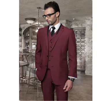 Новият костюм на младоженеца класически костюм вино-червено, с ревери, Тънък бизнес всекидневен костюм, комплект от 3 теми, топ, панталон, жилетка