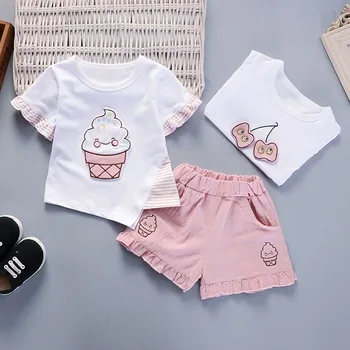 Летни дрехи за малките момичета от 0 до 4 години, Комплект от 2 теми с Къс ръкав за малки момичета, детски мода, Памук, с кръгло деколте и принтом сладолед, 2021, евтино