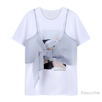 Тениска с Къси ръкави и лък от Вкара плат с принтом, Дамски Лятна тениска 2021 година в Корейски Стил, Свободни Бели Потници, Тениски Nancylim