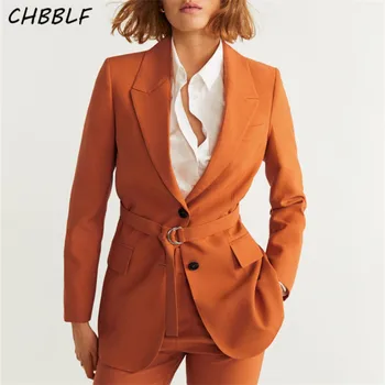 CHBBLF женски ежедневието на обикновен блейзър и яка, дълъг ръкав, джобове, колан, оранжево палто, дамски офис облекло, официални блузи DFT27386