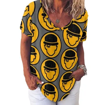 Завийте Оранжева Тениска Культовая Кавайная Женска Тениска в Уличном Стил на Големия Размер, С Принтом, Тениска с V-образно Деколте