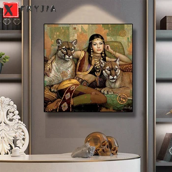 Диамантена Бродерия Красива индийска жената и животното лъв Диамантена Картината Пълна кръгла, квадратна бормашина Мозайка Бродерия на кръстат бод Стенно Изкуство