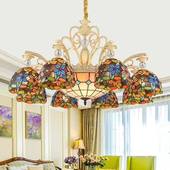 Средиземноморският стил ретро лампи хол полилей домашно декоративно изкуство цветен стъклен полилей