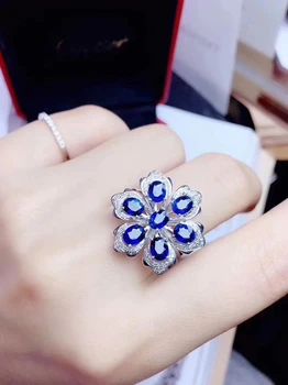 Нова глоба пръстен със син сапфир на цвете стил за жени, бижута от истинско сребро 925 проба, хубав скъпоценен камък, подарък за парти, камък за рожден ден, топла разпродажба