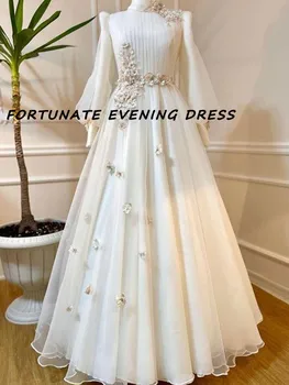 Вечерни рокли за абитуриентски бал с високо деколте и дълги ръкави Трапецовидна форма/Шифоновая апликация на принцеса на лигавицата на дължина до пода