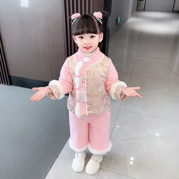 Коледна дрехи за момичета в стила на Тан, Нови зимни Розов костюм, сако в китайски стил в стила на Хан от памук. Дебели Топли китайската Нова